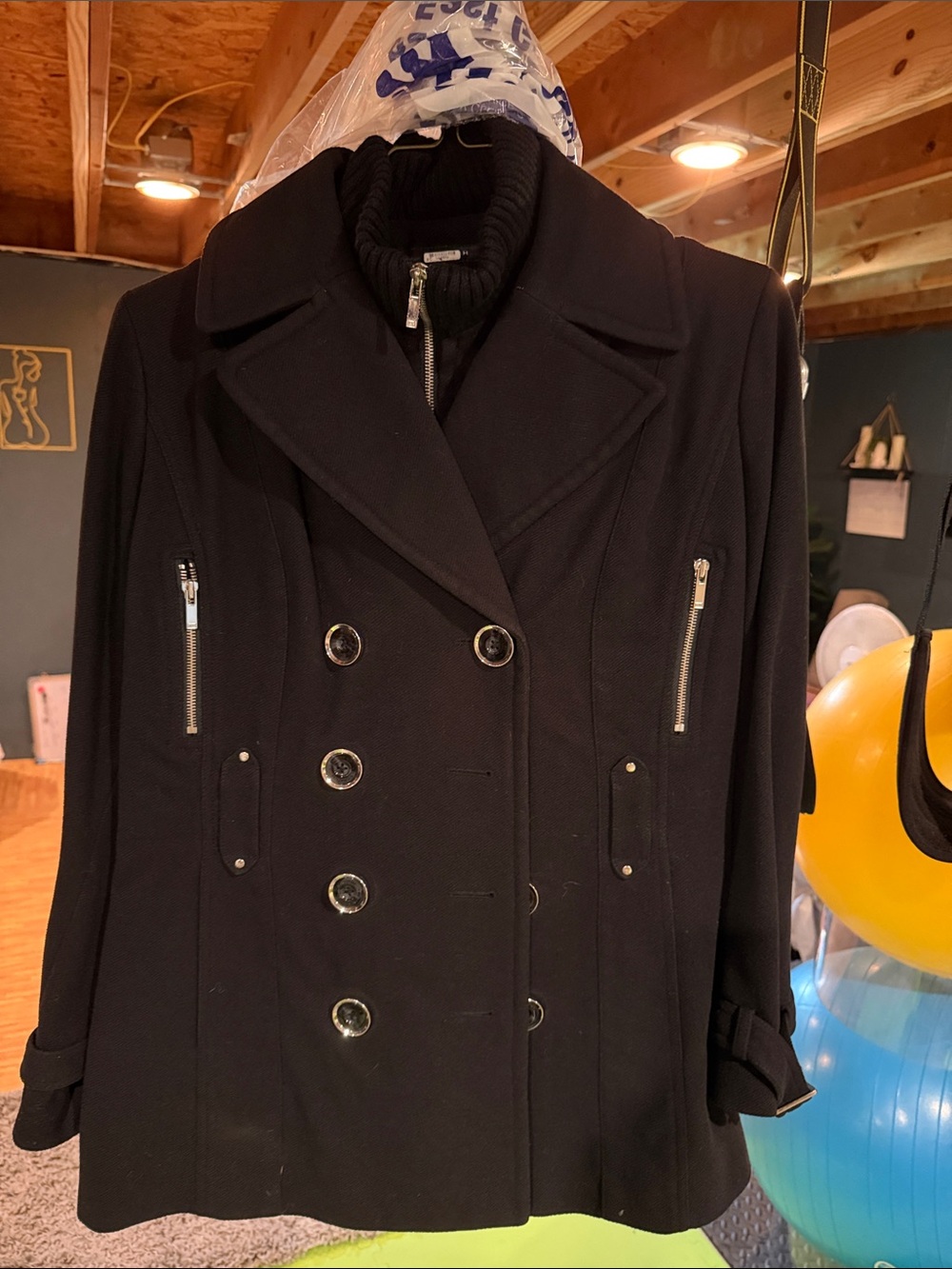 Jones New York Black Double-Breasted Peacoat with Zip Accents